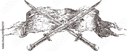 Crossed medieval swords with tattered banner background vintage hand drawn weapons and flag illustration