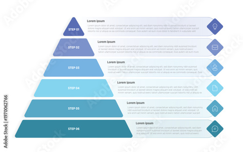 Professional infographic template featuring a 6‑layer pyramid design. Each step is color‑coded with editable text placeholders, icons, and numbering from 1 to 6.