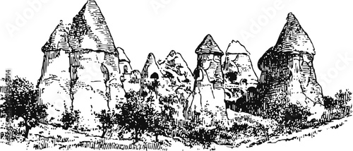 Ancient rock formations and cave dwellings in a rugged mountainous landscape detailed black ink sketch