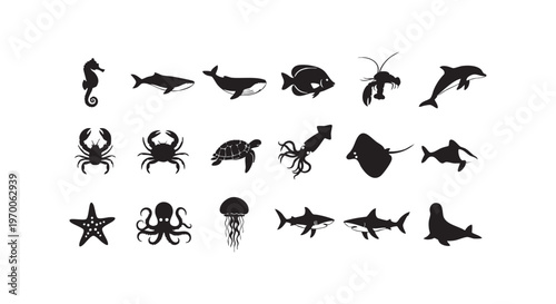 Collection of various marine animals silhouettes on white background isolated on transparent background