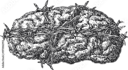 Human brain wrapped in barbed wire symbolizing mental health struggles and psychological confinement
