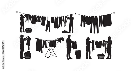 People doing laundry and hanging clothes to dry in various positions isolated on transparent background