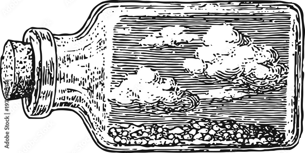 Obraz premium vintage illustration of a corked bottle containing clouds and small rocks inside
