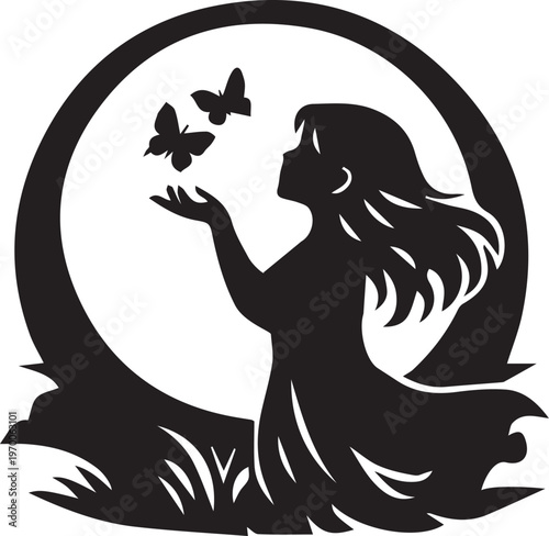 Girl Reaching for Butterflies in Moonlight – Elegant Silhouette with Flowing Hair and Dress Framed by Crescent Moon and Stars – Clean Black and White Vector for Branding, Apparel Printing, Decals, and
