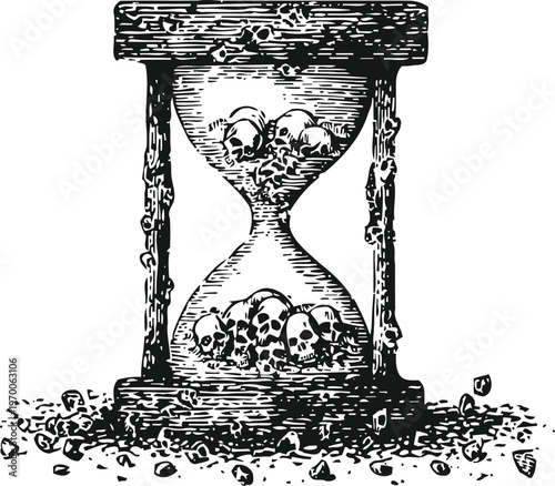 Hourglass with skulls inside symbolizing the passage of time, mortality, and human life cycle