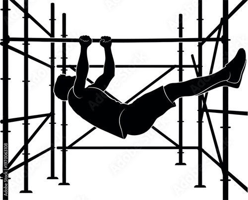 Silhouette of a person hanging from scaffolding in a precarious position