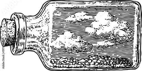 vintage illustration of a corked bottle containing clouds and small rocks inside