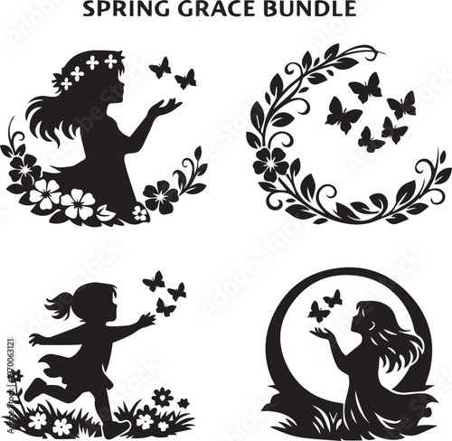 Spring Grace Silhouette Bundle – Elegant Female and Child Figures with Butterflies, Floral Crowns, Moonlight, and Nature-Inspired Compositions – Clean Black and White Vector Set for Branding, Apparel