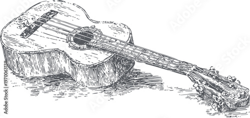 Acoustic guitar hand drawn sketch with detailed wood texture and strings illustration