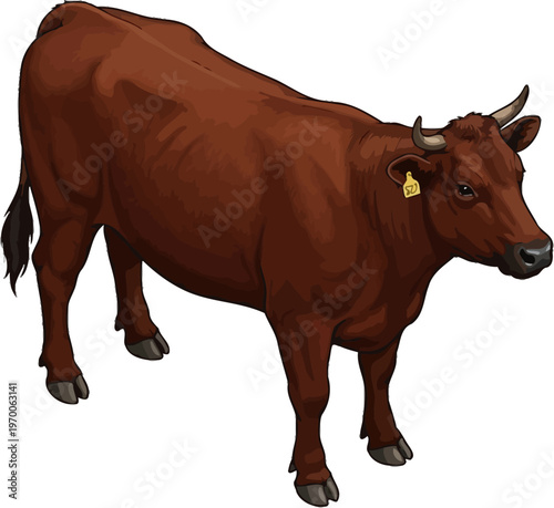 Dark brown dairy cow with an ear tag standing