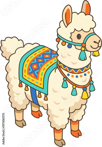 Decorated llama wearing colorful traditional harness