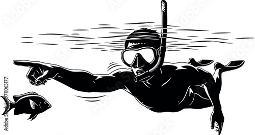 Silhouette of a scuba diver exploring ocean with fish