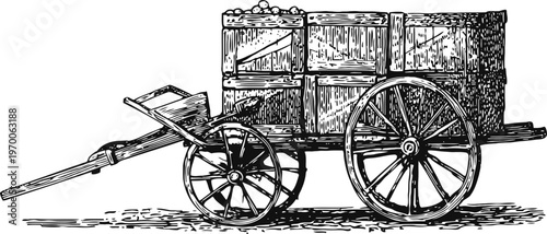 Vintage wooden cart with large spoked wheels and cargo boxes, traditional transportation vehicle