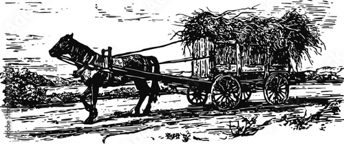 Horse pulling wooden cart loaded with hay on rural dirt road in countryside