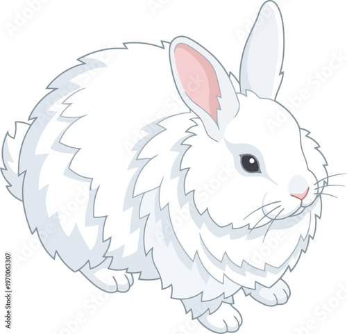 Fluffy white bunny resting in a side profile