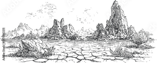 dry cracked desert landscape with rocky mountains and sparse vegetation under cloudy sky