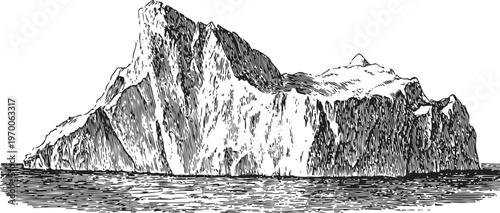 Hand drawn vintage iceberg in calm ocean water, classical black and white engraved mountain illustration