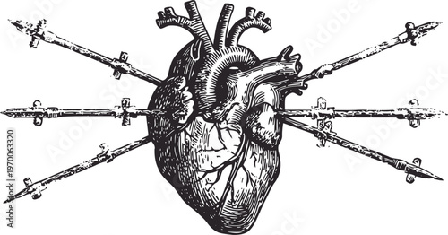 human heart pierced by multiple arrows vintage anatomical illustration with detailed veins and arteries