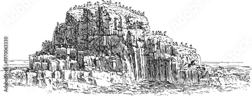 Basalt rock formation with columnar joints in rugged natural landscape, geological structure detail illustration