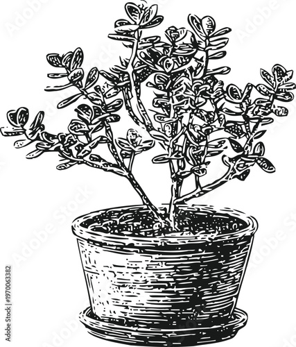 Potted houseplant illustration detailed black and white vintage botanical drawing of leafy plant in a round pot