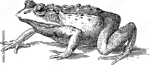Detailed black and white engraving of a frog in side view with textured skin and visible limbs