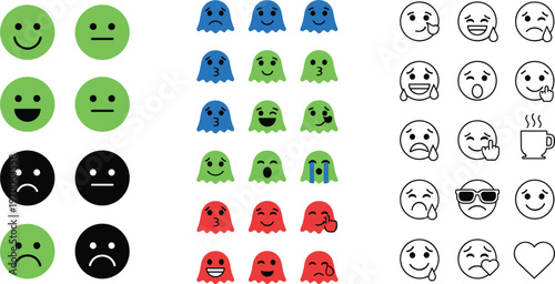 Cartoon Style Mood Icons Featuring Smiley, Sad, Angry, Surprised, and Other Expressions for Emotional and Mood Tracking Designs