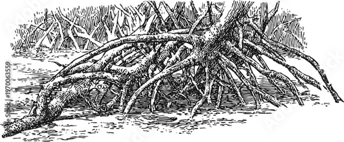 Intricate black and white illustration of mangrove tree roots spreading on muddy ground in coastal environment
