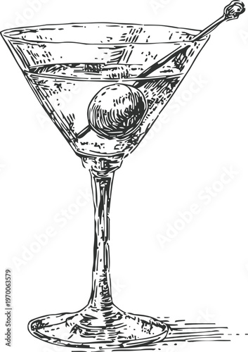 Martini glass with olive garnish classic cocktail illustration, vintage drink with stirring stick