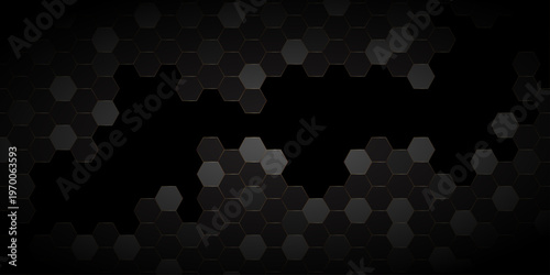 Dark background with sleek black hexagons adorned by luminous gold stoke line. Sci-Fi Tech Hexagonal Blocks Structure Conceptual Dark Gray Geometric 3D Wallpaper technology design illustration tech.