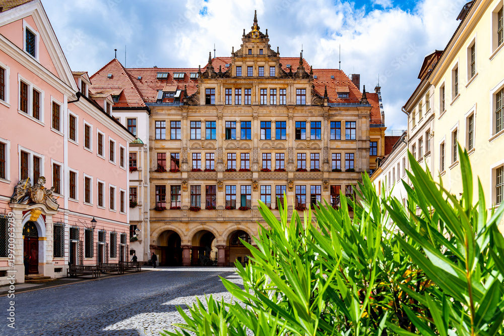 Fototapeta premium Historic town hall at the Untermarkt in Görlitz with richly decorated renaissance facade, arcades, red roof tiles, cobblestone pavement and green plants in the foreground.