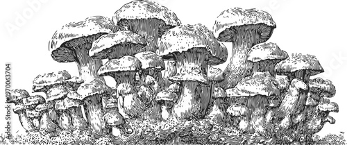 Cluster of wild mushrooms growing on forest floor hand drawn detailed illustration of fungi group with textured caps and stems