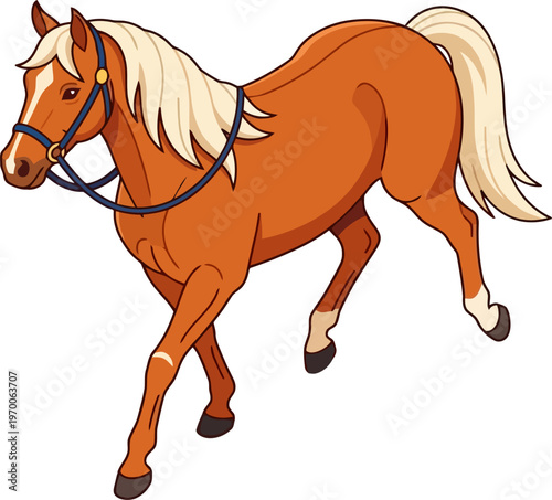 Palomino horse trotting with a blue bridle