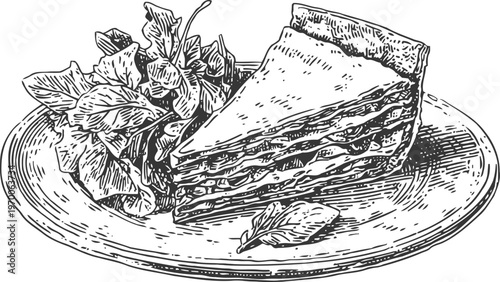 Layered slice of cake with garnish on plate detailed hand drawn black and white dessert illustration