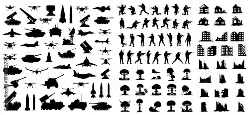 Big set of silhouettes of tanks, drones, missiles, fighter jets, soldiers in combat poses, ruined buildings, nuclear explosions, war machines. Modern warfare, military pack. Geopolitical conflict