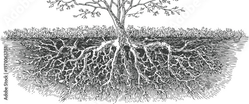 Detailed hand drawn illustration of a tree with extensive roots underground in soil cross section