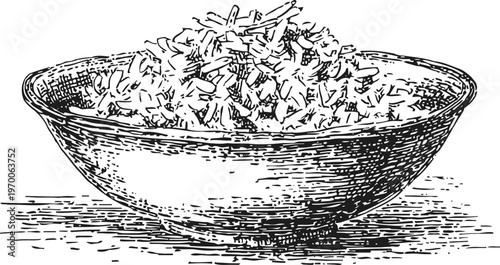 Hand drawn bowl of cooked rice, detailed vintage illustration of plain grain food
