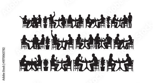 People sitting at tables in various meeting and discussion settings isolated on transparent background