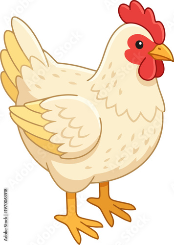 White leghorn hen standing in a clean profile illustration
