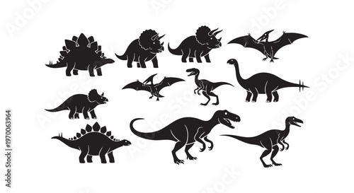 A group of different dinosaurs silhouettes on white background isolated on transparent background