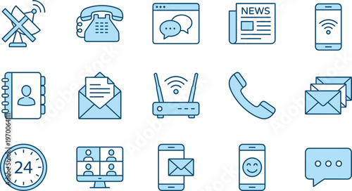 Communication and Media Technology Icon Set Featuring Smartphone Router Satellite Dish Video Conference Email News Chat And Online Contact Symbol Collection