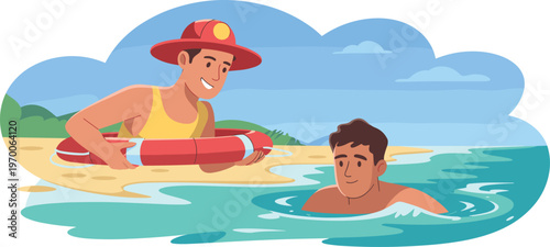 Lifeguard Rescuing Swimmer at Beach – Safety, Lifesaving Equipment, Ocean Rescue, Water Safety, Summer Illustration, Coastal Supervision Concept