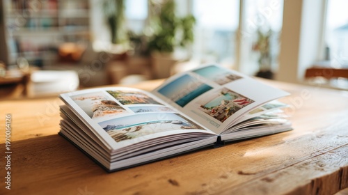 open book with travel photographs on wooden surface in soft natural light from a window with blurred green background and ample copyspace concept of education, storytelling, publishing