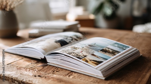 open book displaying landscape and beach photographs on a wooden table with soft lighting and copyspace for text concept of travel inspiration relaxation