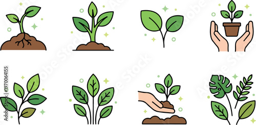 Set of cartoon plant illustrations with green leaves and soil for eco friendly and growth concepts