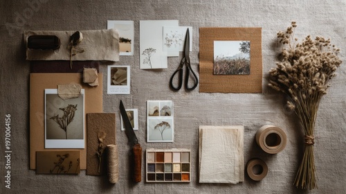 art supplies and nature photos arranged on a textured neutral surface for a craft project, with soft lighting and dried flowers, concept of creativity, scrapbooking, diy hobbies