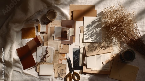 scattered brown paper sheets and gold scissors on a white surface creating a textured still life with visible copyspace concept of office supplies, stationery, creative process