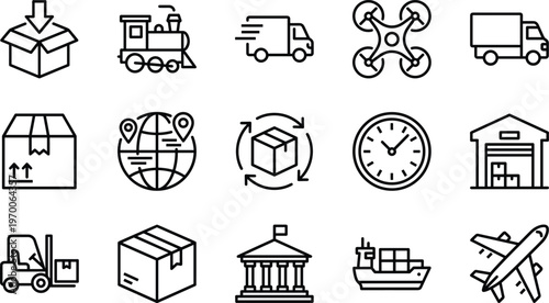 Logistics and Delivery Service Icon Set Featuring Cargo Ship Plane Truck Drone Warehouse Train Forklift Globe Clock and Package Distribution Symbols