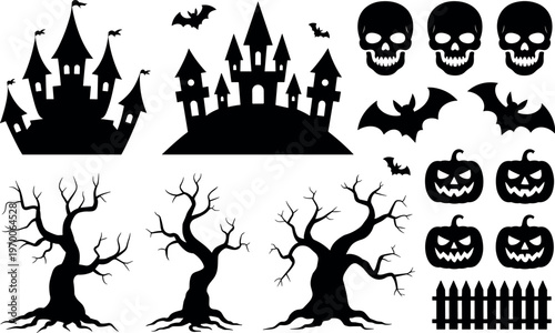 Halloween spooky vector icons set with haunted castle bats skulls pumpkins trees fence isolated black white