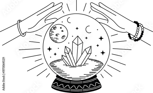 Hand drawn magic crystal ball with zodiac signs and alchemy symbols for esoteric spiritual divination and mystic energy illustration
