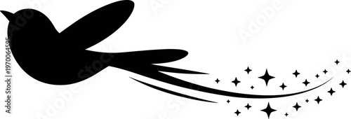 Black bird flying silhouette with motion trail stars against white background minimalist design vector illustration